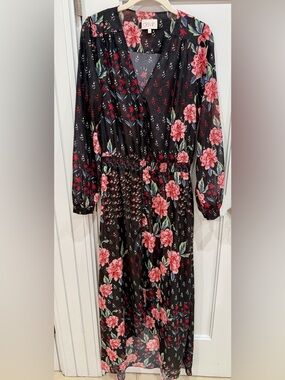 devlin- Black Floral Button-Up Maxi Dress with Pink & Red Blooms